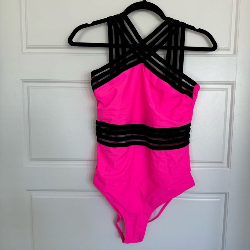 SHEIN Black and Pink Strappy One-Piece Swimsuit Size Medium